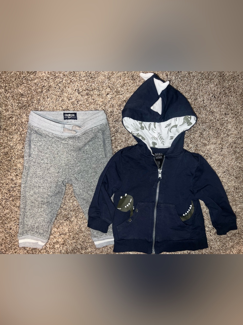 OshKosh B'gosh Fierce Frank Navy Dino Zip Hoodie with Gray Joggers 12m Set